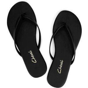 🆕 Black Leather Thong Sandals Women’s Flip Flops Comfy Summer Rubber Dressy